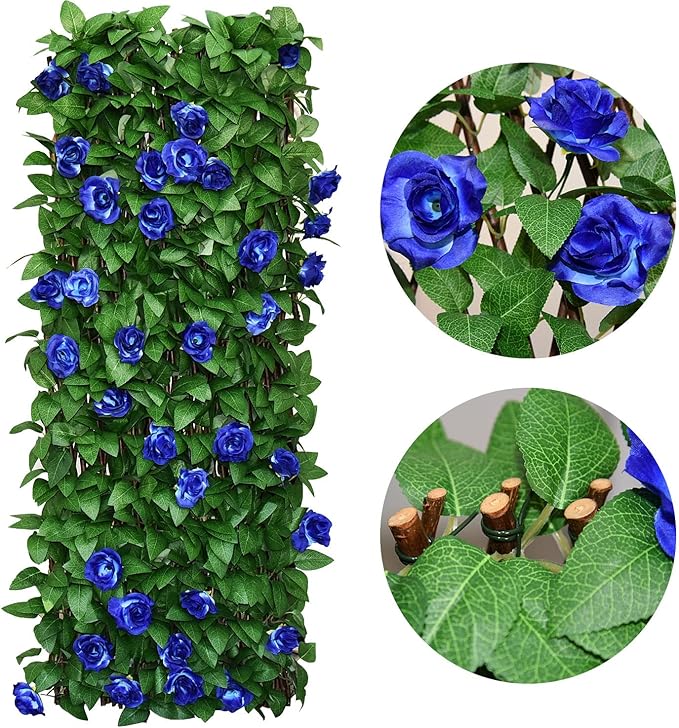 Sumery Expandable Fence Privacy Screen for Balcony Patio Outdoor,Decorative Faux Ivy Fencing Panel,Artificial Hedges (Single Sided Leaves) (4, Blue Flowers)