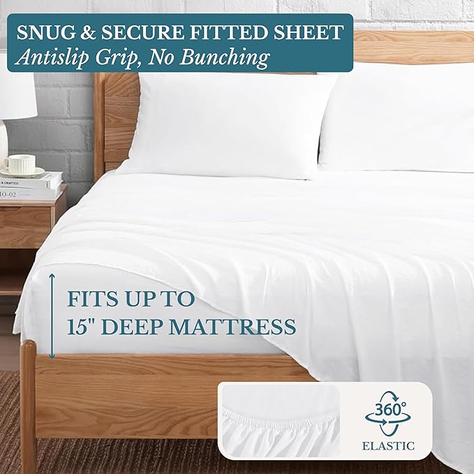 Casa Platino Queen Size Sheet Set, Brushed Microfiber Bedding with 15” Deep Pockets, Pre-Washed for Soft Touch, Cozy and Airy Feel, Lightweight Queen Bed Sheet Set for Year-Round Use – White