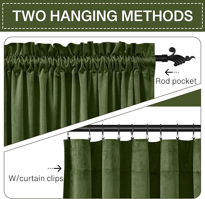 StangH Moss Green Curtains 92 inches Soft Velvet Christmas Decor Thermal Insulated Privacy Drapes for Bedroom, Noise Reducing Curtains for Office, W52 x L92, 2 Panels