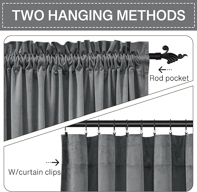 StangH Grey Velvet Curtains 84 inches Room Darkening Window Curtain Drapes for Living Room Thermal Insulated Privacy Panels for Bedroom/Office, W52 x L84, 2 Panels