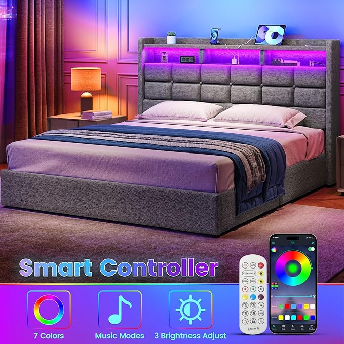 Lift Up Full Size Bed Frame with Storage, Upholstered Full Bed Frame with LED Lights Headboard and Charging Station, No Box Spring Needed, Easy Assembly - Light Grey