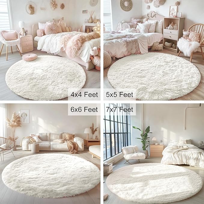 OLANLY Ivory Round Rugs for Bedroom - Machine Washable, 7 ft Circle Area Rugs for Living Room, Soft and Fluffy Shaggy Carpet for Teen Girls and Boys, Nursery Rooms, Dorms, Home Decor Aesthetic