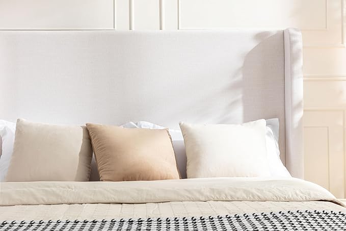 King Size Upholstered Platform Bed with 54" Tall Wingback Headboard/Elegant Upholstered Bed Frame Without Wooden Slats/Box Spring Required/Easy Assembly/Textured Ivory Canvas