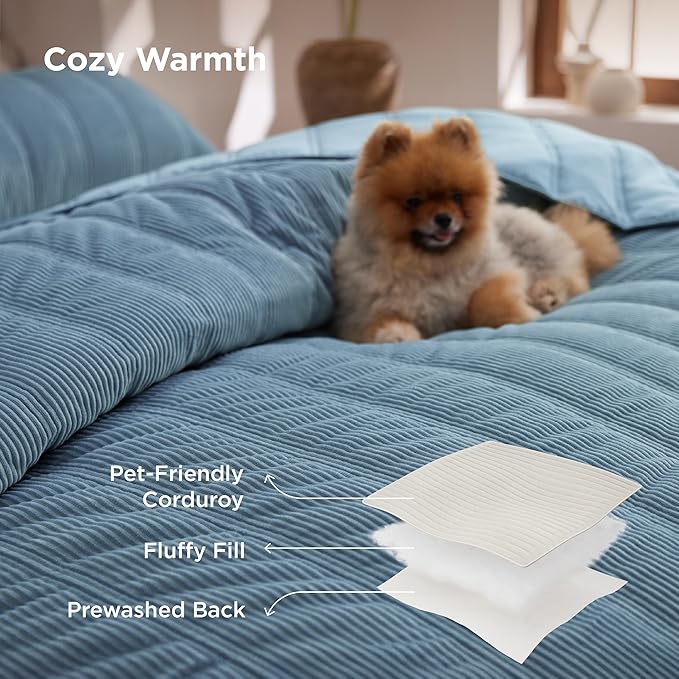 Bedsure Luxury Velvet Quilt Queen Size - Lightweight Velvet Blue Fluffy Comforter Set, Oversized Corduroy Bedspread Coverlet Winter Bedding Set, Pet-Friendly, Tear-Resistant, Ultra-Soft, 90"x96"
