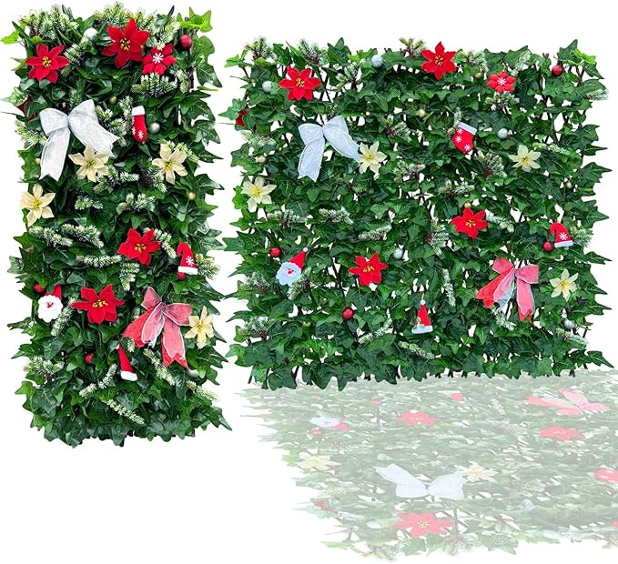 Sumery Expandable Fence Privacy Screen for Balcony Patio Outdoor,Decorative Faux Ivy Fencing Panel,Artificial Hedges (Single Sided Leaves) (4, Christmas-Ivy)
