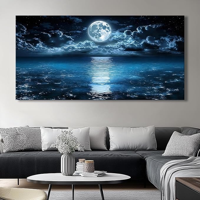 Big Moon Canvas Wall Art - Modern Seascape Paintings for Living Room, Bedroom Wall Decor, Framed Wall Art for Home or Office Decoration, Large Wall Art 20"x40"(50CMx100CM)