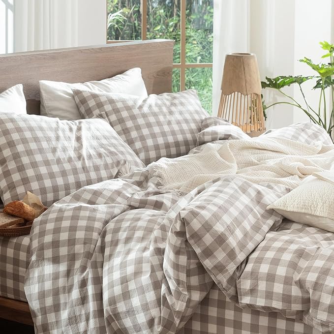 MooMee Gingham Duvet Cover Set 100% Washed Cotton Linen Like Textured Breathable Durable Soft Comfy Modern Checkered Design (Buffalo Plaid Tannish Linen Grey, King 104"x90")