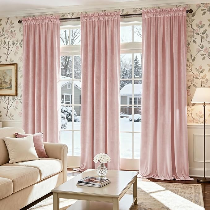 Lazzzy Velvet Blackout Curtains Thermal Insulated Room Window Drapes Super Soft Luxury Curtains for Living Room Bedroom Rod Pocket 2 Panels, Dusty Pink, 52" W x 108" L
