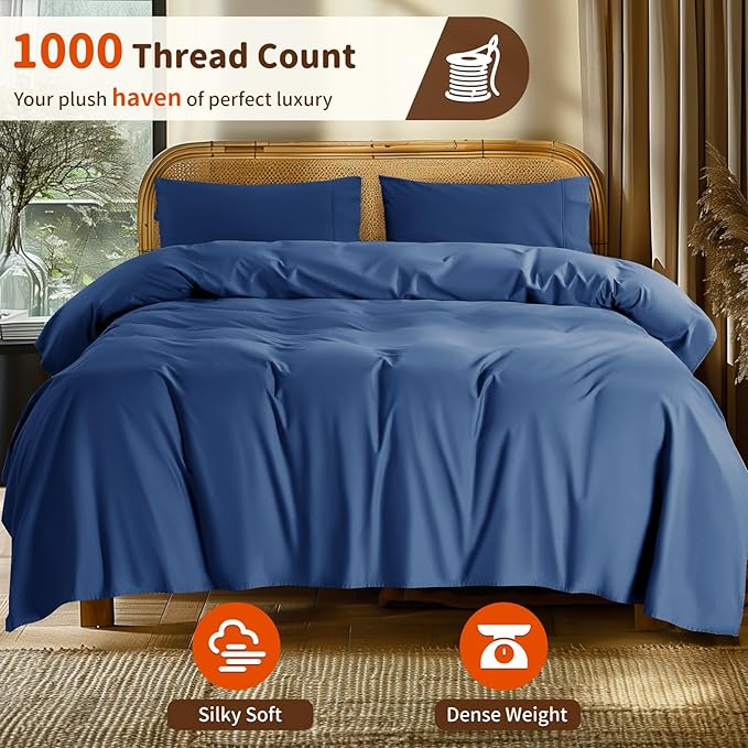 LBRO2M 1000 Thread Count 100% Egyptian Cotton Sheets Set Twin, 3 Piece Sets Bed Sheet Deep Pocket Sheet Set 16" Soft Comfortable All Season (Twin, Navy Blue)