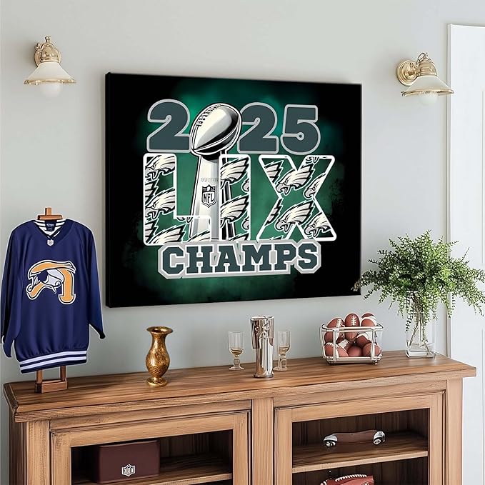 B.B.F MAKE 2025 Super Canvas Bowl Wall Art Champions Eagles Poster Print Philadelphia Oil Painting Canvas Wall Decor Sports Stars Picture Modern Bedroom Living Room Home Decoration, Framed 11x14inch