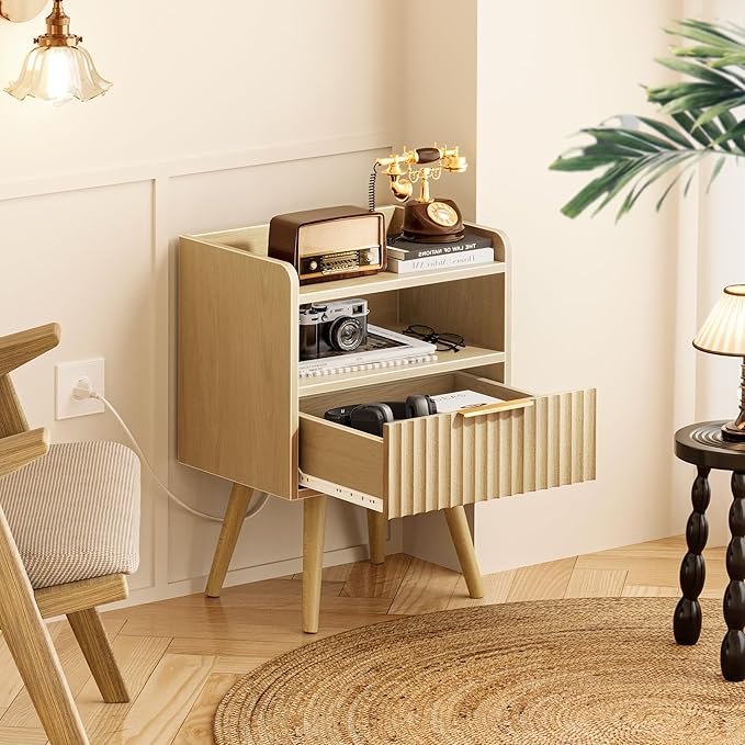 Huuger Nightstand with Charging Station, USB-C Port, Fluted Night Stand Set of 2, Bed Side Table with Drawer, Solid Wood Feet, Open Storage, End Table with Raised Edge, for Bedroom, Natural