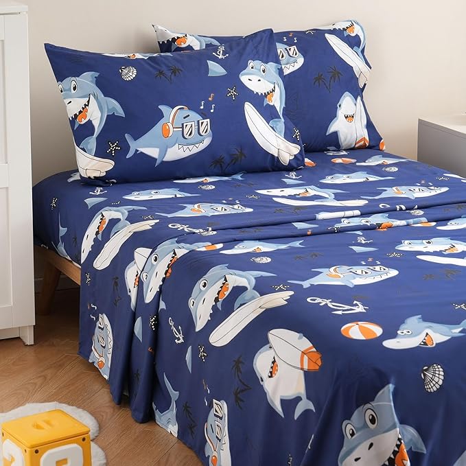 JSD Blue Shark Surfing Kids Sheet Set Twin Size, 3 Piece Nautical Printed Microfiber Sheets Deep Pocket
