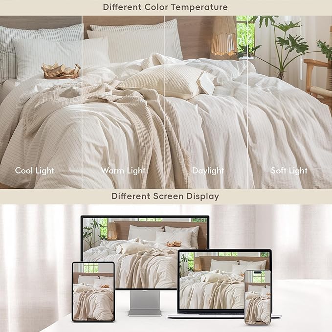 MooMee Striped Duvet Cover Set 100% Washed Cotton Linen Like Textured Breathable Durable Soft Comfy (White Almond Milk Grey Wide Stripes, Super Queen 90"x98")