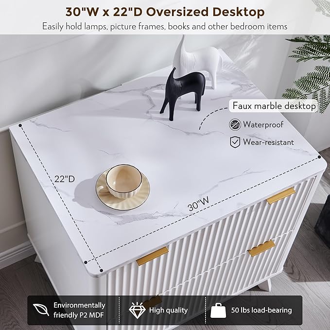 T4TREAM Fluted Night Stand Set 2, 30" Tall Bedside Table with 2 Drawers & Large Tabletop, Modern Wood Side Tables Bedroom, End Table for Living Room, White