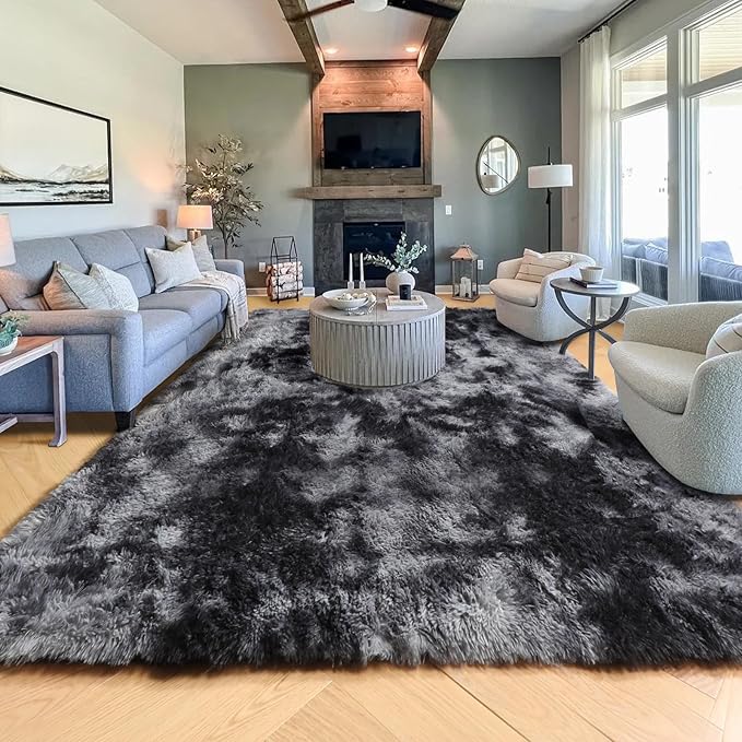PAGISOFE Abstract Shaggy Area Rug 4' x 6' Plush Furry Rugs for Living Room, Tie-Dyed Dark Grey Soft Fluffy Rugs for Bedroom Grils Boys, Fuzzy Rug for Nursery, Dorm. Shag Carpet for Kids Room Decor