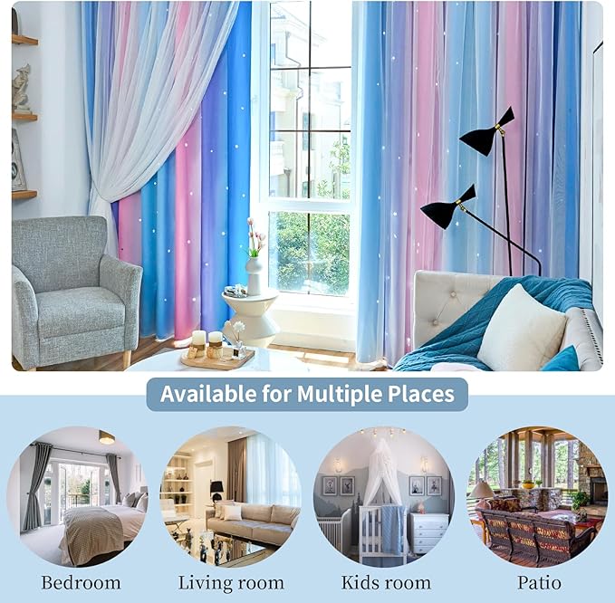 Star Blackout Curtains for Bedroom - Rainbow, 96 Inches Long 2 Panels, Blue & Purple & Pink