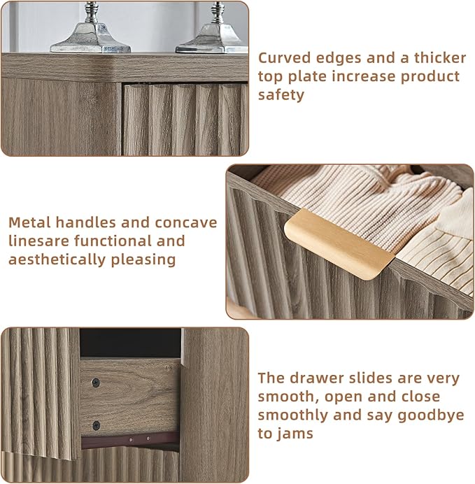 LEYAOYAO 48" Wide Fluted Dresser and 1 Drawers 23" Nightstand Set of 2, Wooden Dresser & Night Stand with Charging Station, 3 Piece Bedroom Furniture Set, Chest of Drawer for Living Room,Grey