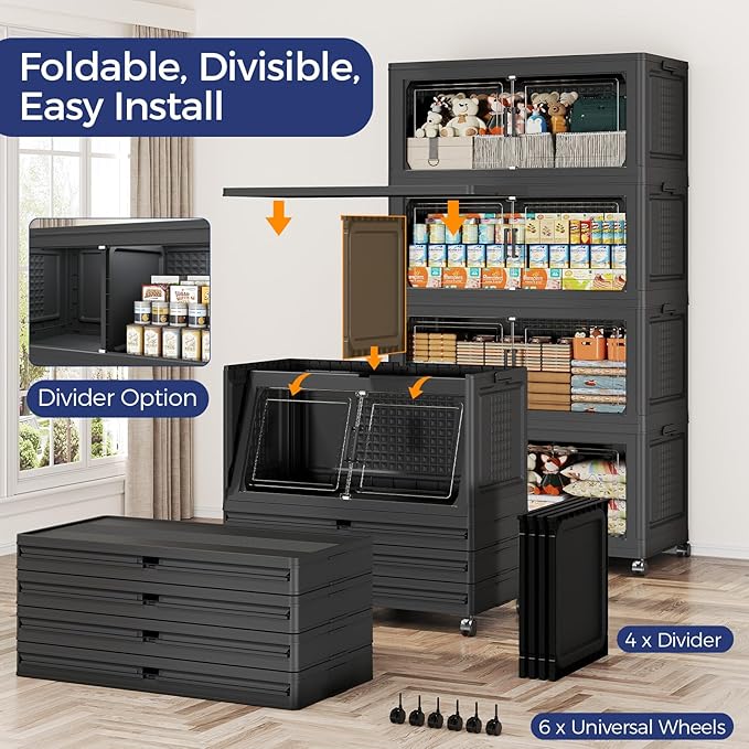 120GAL Storage Bins with Lid and Wheels, Stackable Closet Organizers and Storage Drawer, Collapsible Storage Box with Dividers, Foldable Plastic Cabinets for Room, Kitchen, 3 Pack Black