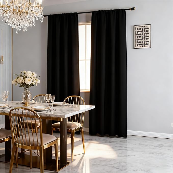 Black Blackout Curtains 90 Inch Length 2 Panels Set, Black Out Curtains for Bedroom 90 Inch Long, Rod Pocket Energy Saving Room Darkening Drapes for Living Room Window(W52 x L90)
