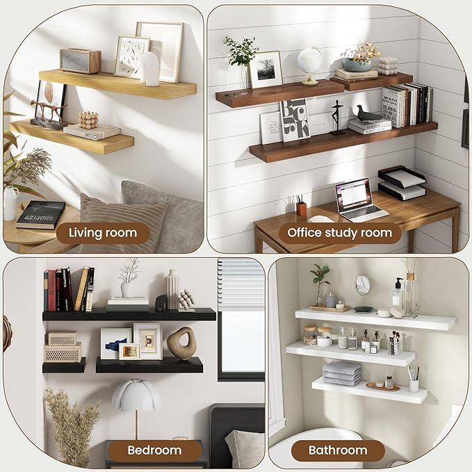 20 Inch Floating Shelves for Wall, 8 Inch Deep Floating Shelf for Storage & Display, Rustic Wall Mounted Shelf with Invisible Brackets for Living Room, Kitchen, Bathroom, Home Decor, Set of 2, Oak