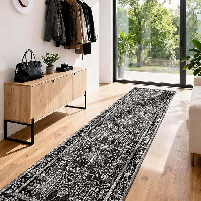 3x6 Runner Rugs for Hallways: Kitchen Runner Non Slip Washable Rug with Rubber Backing Stain Resistant Carpet Low Pile Floral Rugs for Bedroom Bathroom Laundry Living Room Black White 3x6