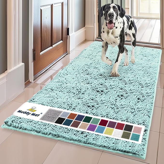Muddy Mat® Shown on TV–Super Absorbent Microfiber Dog Door Mat for Muddy Paws, Non-Slip Washable Pet Rug, Quick Dry Chenille Entryway Carpet, Machine Washable Indoor Outdoor mat–Seafoam Green 59"x35"