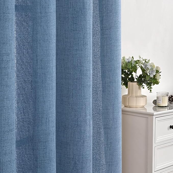 YoungsTex Denim Blue Linen Curtains 48 Inches Long for Short Window, Semi Sheer Drapes with Bronze Grommet Privacy Light Filtering for Bedroom Living Room Kitchen, 42 x 48 Inch, 2 Panels