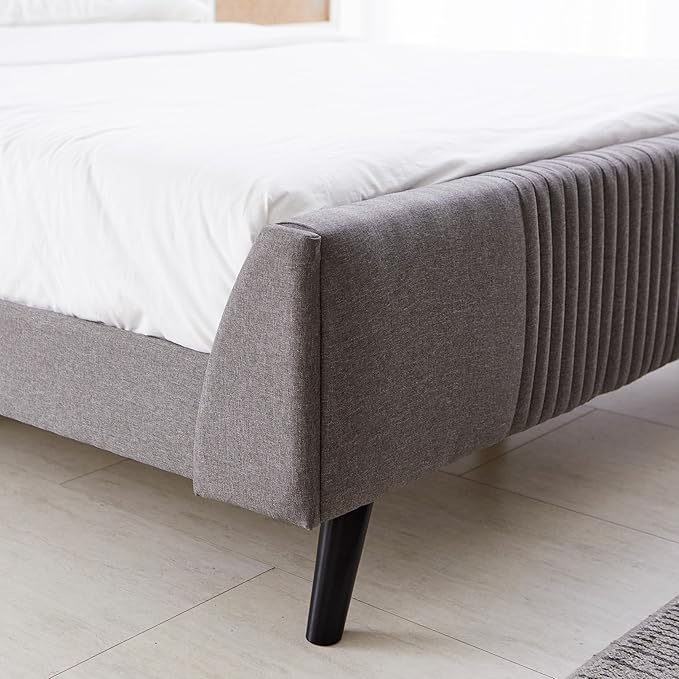 Livinia Sunset Queen Size Wingback Platform Bed, Fabric Upholstered Queen Bed Frame with Vertical Channel Tufted Headboard Footboard, Strong Wood Slats, No Box Spring Needed, Gray (Queen)