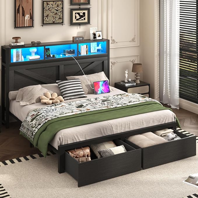 Farmhouse Queen Bed Frame with Bookcase Storage Headboard, Charging Station, LED Light and 2 Storage Drawers, Noise Free, No Box Spring Needed, Black