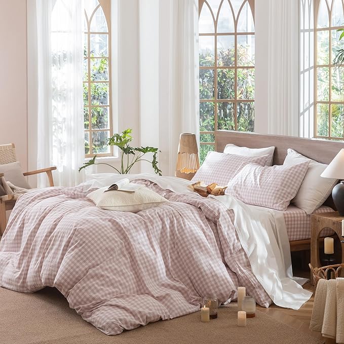 MooMee Gingham Duvet Cover Set 100% Washed Cotton Linen Like Textured Breathable Durable Soft Comfy Modern Checkered Design (Classic Gingham Greyish Pink, Twin 68"x90")