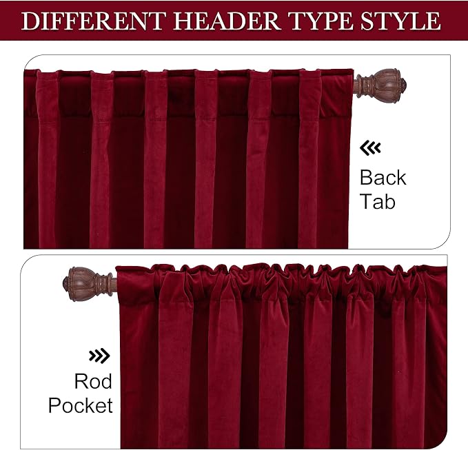 RYB HOME Red Velvet Curtains 94 inches, Back Tab Soft Fabric Room Darkening Thermal Insulated Luxurious Home Decor Curtains for Living Room Bedroom, W 52" x L 94", 2 Panels Set