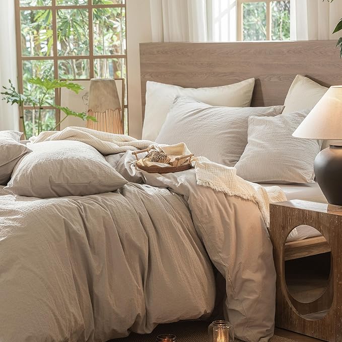 MooMee Wavy Striped Duvet Cover Set 100% Washed Cotton Linen Like Textured Breathable Durable Soft Comfy (Beige, Super King 108"x98")