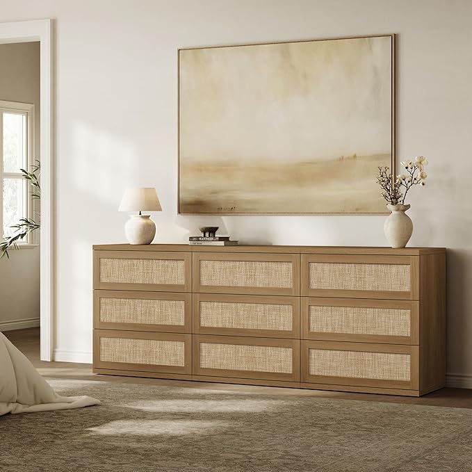 SICOTAS Dresser for Bedroom - 31" Tall Rattan Dresser with 3 Drawers Boho Dressers & Chests of Drawers Dressers for Bedroom Deep Bedside Table Clothes Closet Storage for Closet Hallway Entryway