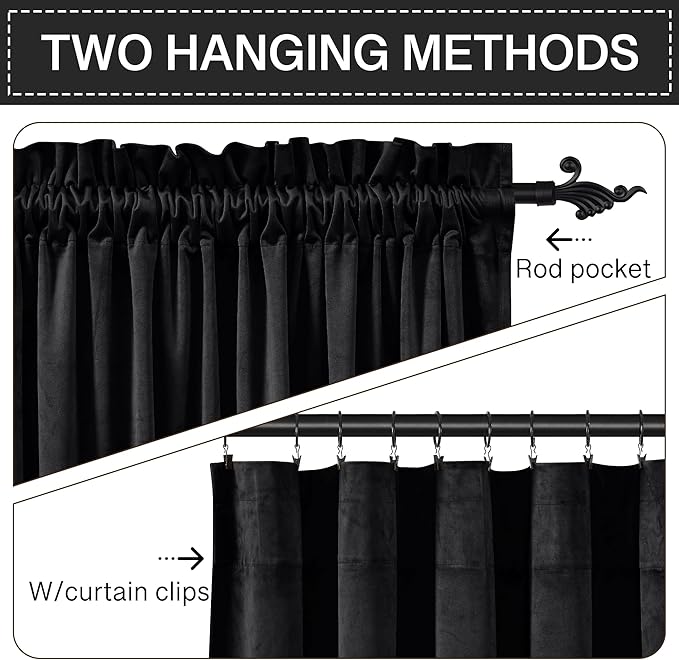 StangH Velvet Curtains 72 inches Long Interior Black Blackout Drapes Noise Absorbing Privacy Protect Insulated Panels for Home Theater, Black, W52 x L72 inches, 2 Panels