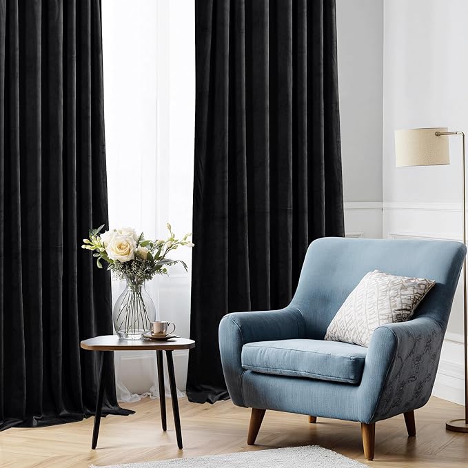 StangH Black Velvet Curtains 42 x 96 inches Luxury Light Blocking Thermal Insulated Window Panels Thick Vertical Room Dividers for Home Office/Theater, W42 x L96, 2 Panels