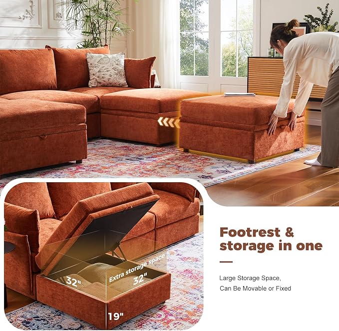 ABCASA 134.6" Oversized Modular Sectional Sofa, 6 Seater U Shaped Couch with Storage Ottoman with Reversible Chaise Deep Seat for Living Room, Apartment - Chenille Terracotta Orange