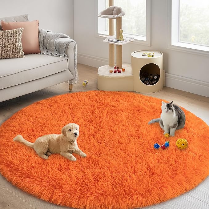 Round Orange Rug for Bedroom, 5 ft Circle Area Rugs for Living Room, Soft Fluffy Shag Carpet for Teen Girls Boys Nursery Room Dorm Home Decor Aesthetic