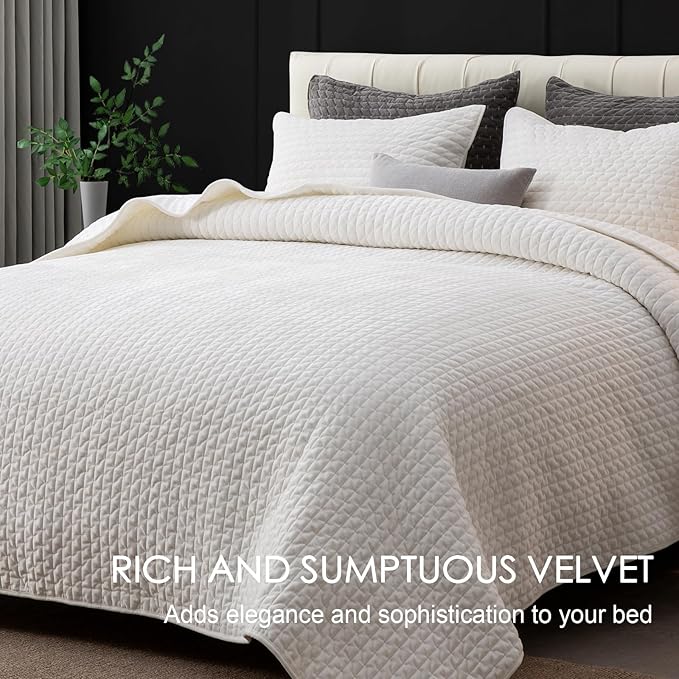 Powdion Velvet Quilt Queen Size, Oversized Bedspread Quilted Bedding Set, Luxurious Soft Coverlet Set Lightweight Velvet Comforter for All Season with Pillow Shams, 90x96 Striped White