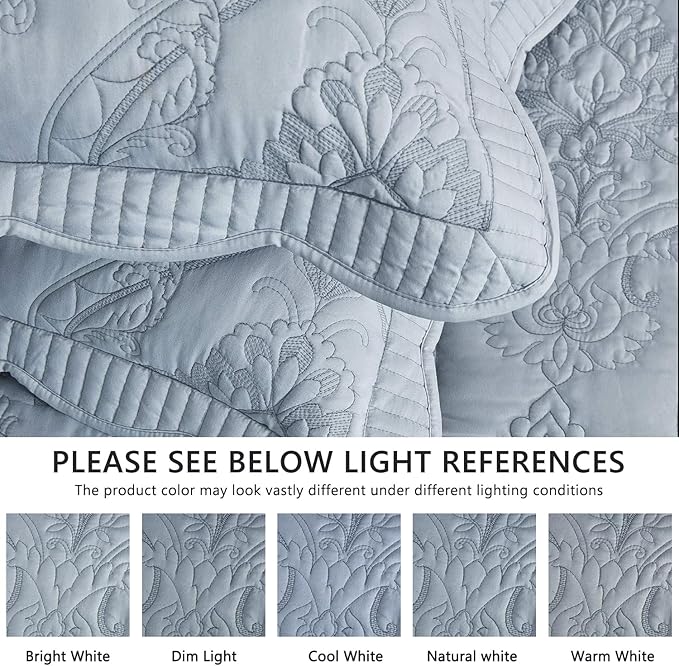 CHIXIN Bedspread Coverlet Set Queen Size - Lightweight Bedding Cover - Beautiful Stitching - 5 Piece Reversible Bedspread - Gorgeous Damask Paisley Pattern (Queen, Light Grey)