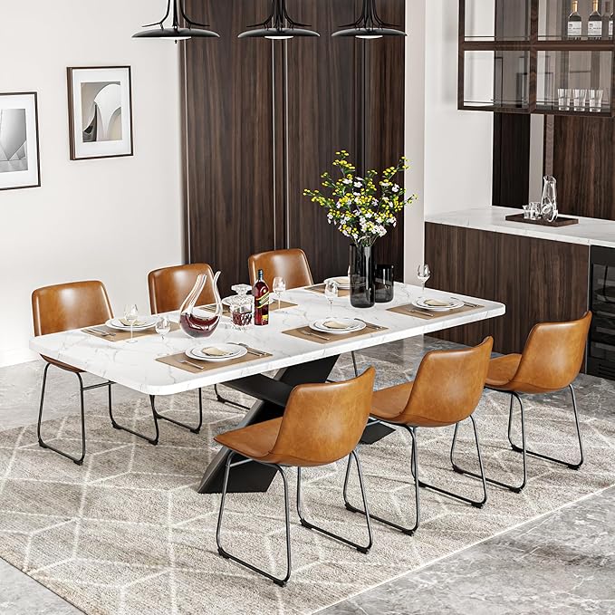Dining Chairs Set of 2, 18 Inch Modern Armless Dining Chair with Back, Faux Leather Kitchen Dining Room Chair with Metal Legs for Home, Bistro Coffee Shops (Brown)