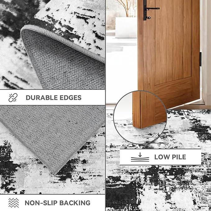 3x6 Kitchen Hallway Runner Rug: Long Washable Rug Runner Non-Slip Indoor Abstract Rugs - Low Pile Soft Floor Runners for Bedroom Living Room Dining Entryway Bathroom Laundry Black White 3x6