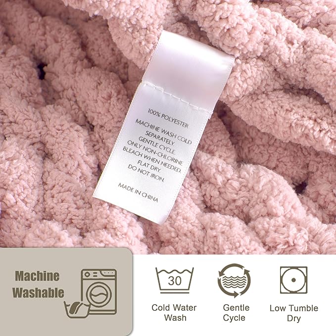 Chunky Knit Throw Blanket 60"X 80", 100% Handmade with Soft Chenille Yarn, 4.4lbs Thick Cable Knitted Blankets, Large Rope Knot Crochet Throws for Couch Sofa Bed Home Decor, Dusty Pink