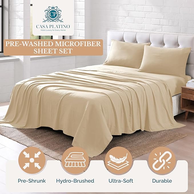Casa Platino Queen Sheets Set, Ultra Soft Brushed Microfiber Queen Bedding, 4 Piece Pre-Washed Bed Sheet Set with Deep Pockets, Lightweight & Breathable Cooling Sheets Queen Size– Linen