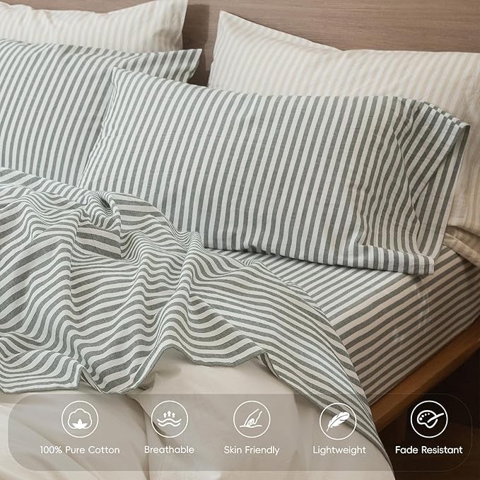 MooMee Striped Fitted Bottom Sheet Only 100% Washed Cotton Linen Like Textured Breathable Durable Soft Comfy Deep Pocket Fits Mattress up to 17" (Heathered Green Classic Stripes, King)