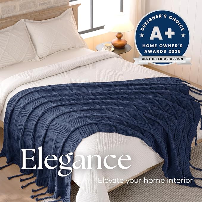 Boho Knitted Chenille Blanket with Tassels - Lightweight & Soft All-Season Throw - 3D Classic Pattern for Living Room Bedroom Couch, Royal Blue, Throw 50"x60"