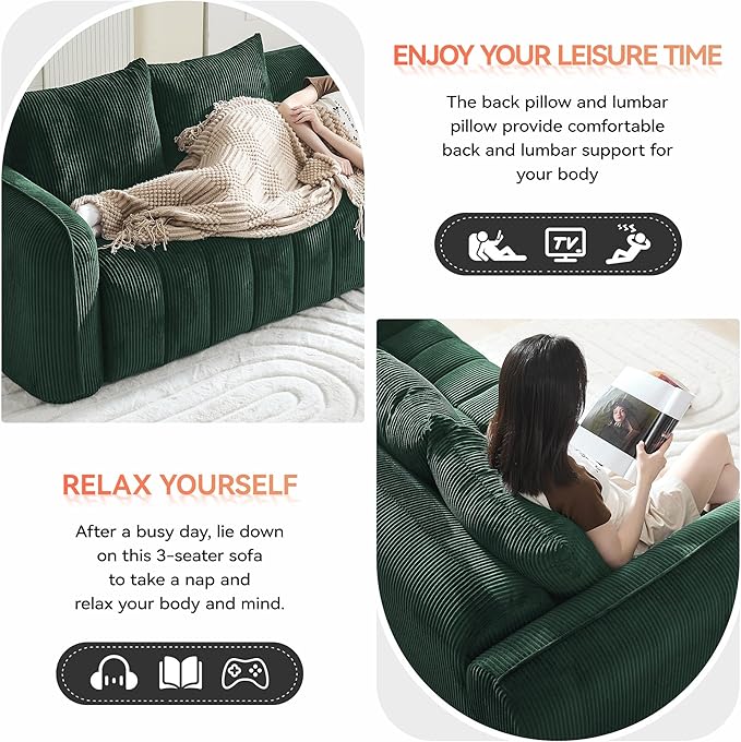 83'' Boneless Corduroy Sofa, Oversized 3 Seater Deep Seat Couch with Rounded Armrest, Modern Upholstered Cloud Sofa for Living Room, No Assembly, Grey
