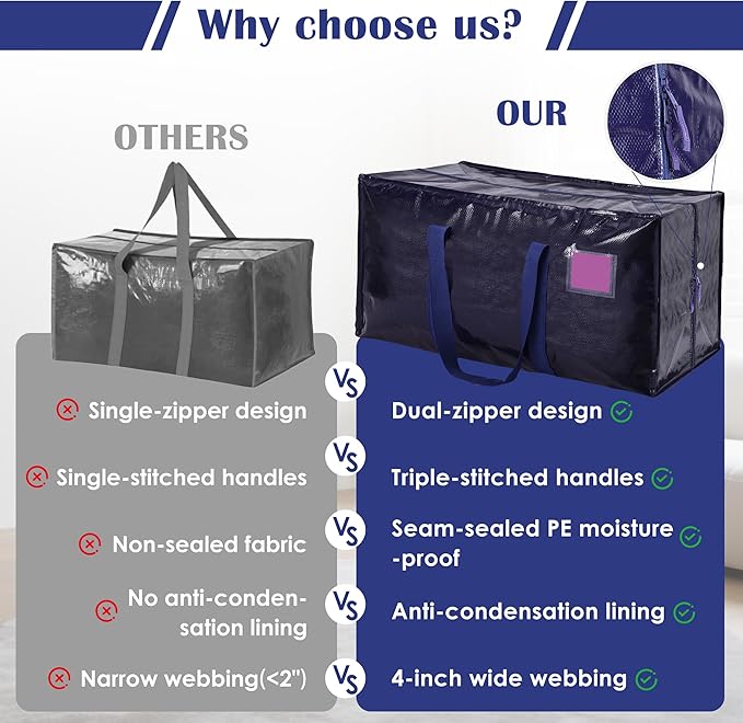 6 Pack Extra Large Heavy Duty Moving Bags with Reinforced Zipper & Wide Handles, Moisture-Resistant Storage Bins Packing Cubes for Clothes, College Dorm, Travel, and Home Organization, Dark Blue