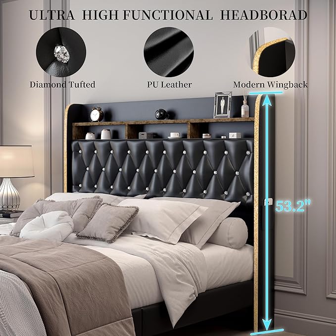 Queen LED Bed Frame with 2 Storage Drawers, PU Upholstered Platform Beds with Galaxy Star Projector Charging Station Speaker, Aurora Bedframe with 2-Tier Storage Headboard, Noise-Free, Black