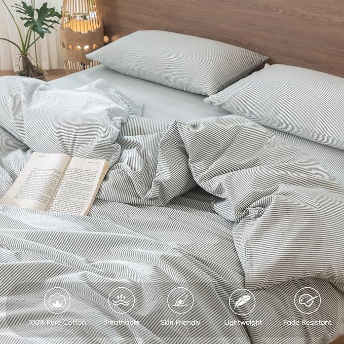 MooMee Striped Duvet Cover Set 100% Washed Cotton Linen Like Textured Breathable Durable Soft Comfy (Heathered Green Pinstripes, Alaska King 132"x120")
