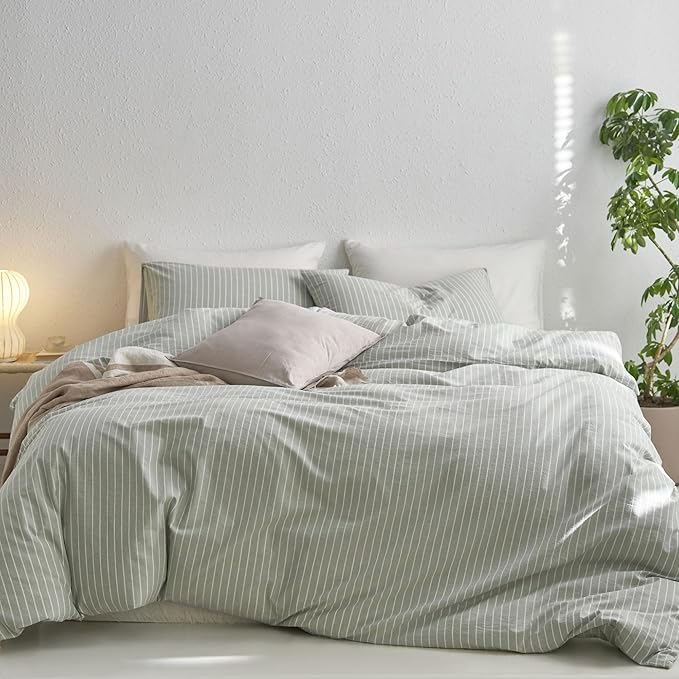 MooMee Striped Duvet Cover Set 100% Washed Cotton Linen Like Textured Breathable Durable Soft Comfy (Sage Green White Wide Stripes, Super King Plus 120"x120")